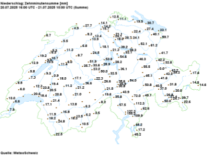Messwerte der automatischen Messtationen von MeteoSchweiz zwischen Sonntag, 20.7.25 um 18 Uhr und Montag, 21.7.25 um 12 Uhr Lokalzeit. Hinweis: Die Messstation in Chur hat während dieses Ereignisses nicht korrekt gemessen, daher ist der Wert bei Chur nicht korrekt.