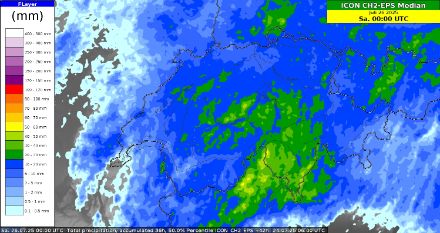 Abbildung 4: 36-Stunden-Niederschlagssummen des ICON CH2-EPS Medians von Do 12 UTC bis Sa 00 UTC.