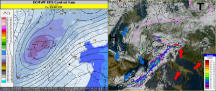 Temperatur und Geopotentialverteilung auf der 500 hPa Druckfläche (links). Das Höhentief hat seine Position über Frankreich im Vergleich zum Vortag nur unwesentlich verändert. Entsprechend ähnlich war auch das Wetter in der Schweiz am Freitag im Vergleich mit dem Donnerstag: Schauer, einzelne Gewitter und mehrheitlich dichte Bewölkung prägten unser Wetter. Das Satellitenbild und die Radarechos (rechts) zeigen die Polarluft, welche über Westeuropa hinweg weit ins westliche Mittelmeergebiet südwärts vorstösst. Eine markante Luftmassengrenze, die sich von den Balearen über Norditalien hinweg bis zum östlichen Alpenbogen erstreckt, trennt die kühle Luft von heisser und mit Saharastaub angereicherter Luft, welche von Nordafrika über den zentralen Mittelmeerraum hinweg Richtung Südosteuropa vorstösst. 