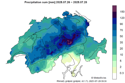 72-stündige Niederschlagssumme vom Samstag, 26.07.2025, 8 Uhr bis Dienstag, 29.07.2025, 8 Uhr. Quelle: MeteoSchweiz