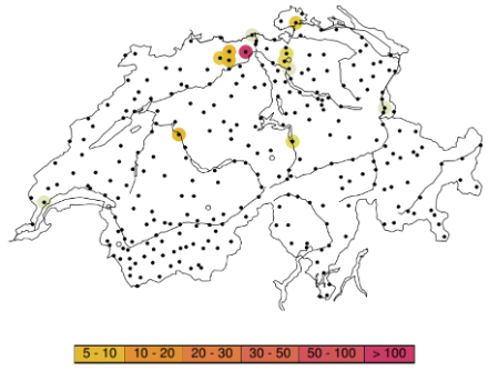 Wiederkehrperiode (in Jahren) der höchsten 1-stündigen Niederschlagssumme am Samstag, 26.07.2025. Quelle: MeteoSchweiz