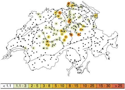 Wiederkehrperiode (in Jahren) der 3-Tages-Niederschläge vom Samstag, 26.07.2025, 8 Uhr bis Dienstag, 29.07.2025, 8 Uhr. Quelle: MeteoSchweiz