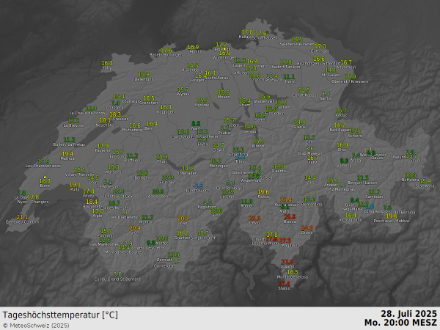 Höchsttemperatur am Montag, 28.07.2025. Quelle: MeteoSchweiz