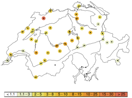 Wiederkehrperiode (in Jahren) der Höchsttemperatur vom Montag, 28.07.2025. Quelle: MeteoSchweiz