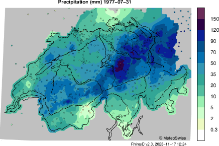 Niederschlagsmengen in der Schweiz zwischen dem 31. Juli 1977 07 Uhr und dem 1. August 1977 07 Uhr. Besonders am zentralen und östlichen Alpennordhang waren die Niederschläge sehr ergiebig. In der Innerschweiz fielen lokal zwischen 120 und 150 mm, lokal (hier nicht dargestellt) wohl noch mehr.
