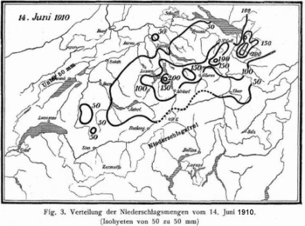 Niederschlagsmengen vom 14. Juni 1910. Damals fand für längere Zeit das letzte grossflächige Unwetter in der Schweiz statt. Die Niederschlagsverteilung mit den grössten Mengen am zentralen und östlichen Alpennordhang  ähnelt stark dem nächstfolgenden Grossereignis vom 31. Juli 1977. 