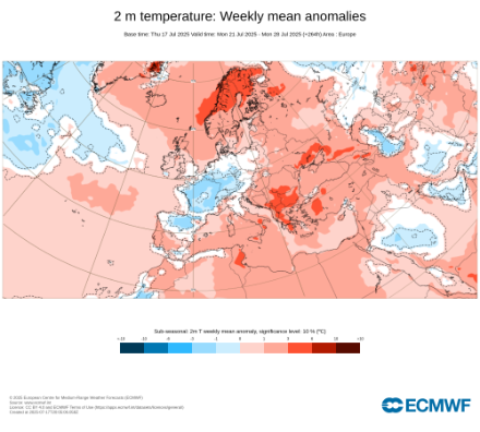 Abweichung der 2 Meter Temperatur zum Modellklima für nächste Woche (Mo. 21. bis Mo. 28. Juli 2025). Für Nordspanien, Frankreich und Teile Mitteleuropas prognostiziert das Modell unterdurchschnittliche Temperaturen. 