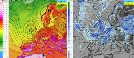 Höchsttemperatur vergangene 6 Stunden überlagert mit geopotentieller Höhe auf 500 hPa (links) und Niederschlagssumme vergangene 6 Stunden überlagert mit Luftdruck auf Meereshöhe (rechts) des Wettermodells IFS HRES. 