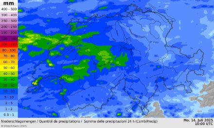 Gemessene Niederschlagsmengen zwischen Sonntag 12 Uhr und Montag 12 Uhr auf Grund von Radardaten, korrigiert mit Bodenmessstationen. Quelle: MeteoSchweiz