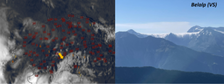 Satellitenbild um 9:40 Uhr mit 10’-Sonnenscheindauer sowie Meteomeldung aus Belalp mit Blickrichtung Südost zum Monte Leone (oranger Pfeil ungefähre Blickrichtung). In vielen Regionen schien am Vormittag oft die Sonne, auf der Alpensüdseite nahm hingegen die seichte Staubewölkung zu. Diese strömte zum Teil über den Alpenhauptkamm in Richtung Norden und löste sich in der Abwärtsbewegung auf.    