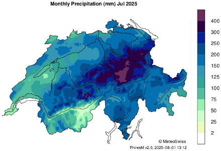 Niederschlagssumme in mm im Juli 2025. Quelle: MeteoSchweiz