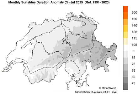 Abweichung der Sonnenscheindauer im Juli 2025 (in %) vom langjährigen Mittel der Jahre 1991-2020. Quelle: MeteoSchweiz