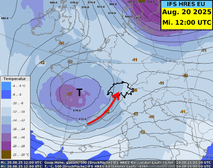 Geopotential auf 500 hPa (rund 5500 Metern) am Mittwoch um 12 UTC, berechnet vom Modell IFS. 