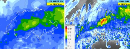24-Stundensumme des Niederschlages gemäss dem Modell IFS HRES EU und ICON CH2 bis am Freitag 14 Uhr MESZ.