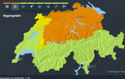 In den mit Stufe 3 (orange) bewarnten Regionen ist mit grösseren Regenmengen zu rechnen. 