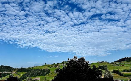 Heute war es mit Ausnahme der Alpensüdseite in der Schweiz meist sonnig, am Morgen zogen noch einige mittelhohe Wolkenfelder durch, wie das Bild, welches in Entlebuch aufgenommen wurde, zeigt. Diese sogenannten Schäfchenwolken heissen auf lateinisch Altocumulus translucidus perlucidus.