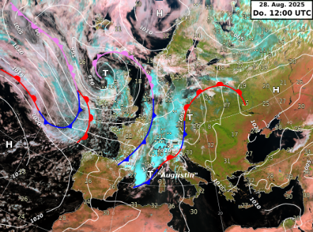 Abbildung 1: Satellitenbild und Bodenwetterkarte von Donnerstag, 28.08.2025 um 14 Uhr MESZ.