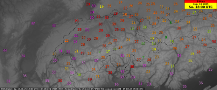 Erwartete Tageshöchsttemperaturen [°C] in der Schweiz morgen Samstag, den 16. August 2025.