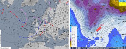 Bodendruckkarte mit Fronten von heute Morgen um 6 UTC (links) und Höhenwetterkarte 500 hPa (ca. 5700 m) mit Geopotential (schwarze Linien) und Temperatur (Farbflächen). 