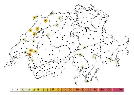 Abbildung 3: Wiederkehrperioden in Jahren der grössten 24-Stundensummen des Ta­ges für den 28. August 2025. Die Legende zeigt die Bereiche der Wiederkehrperioden (z.B. 5−10 Jahre).