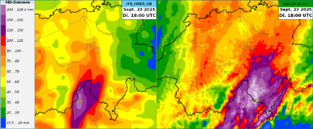 48h-Niederschlagssummen aus dem IFS Modell (links) und dem ICON_CH_2E_Ctrl (rechts) bis am 23.09.2025, 18 UTC