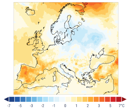 Europakarte mit farbcodierter Information über die Temperatur im August 2025