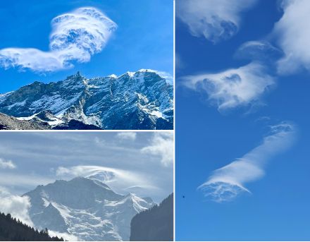 Augenbrauenwolken über dem Val Zinal (links oben), über dem Jungfraumassiv (links unten) und über Zermatt (rechts).