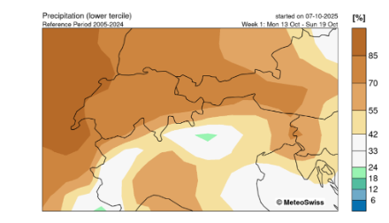 Grafik welche hohe Wahrscheinlichkeiten nördlich der Alpen zeigt (Brauntöne).