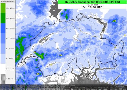 24h-Neuschneemengen vom ICON-CH1-EPS Kontrolllauf von Mi 19.11.2025 18 UTC bis Do 20.11.2025 18 UTC.