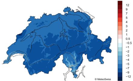 Karte der Schweiz mit dem Temperaturmittel der Periode 21.-23. November als Abweichung zur Referenzperiode 1991-2020