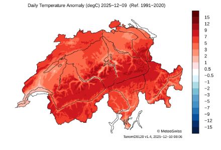 Karte der Schweiz mit den Temperaturabweichungen zur Norm am 9.12.2025