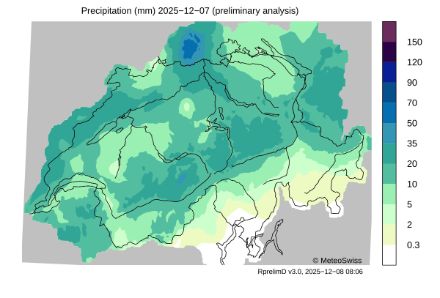 Karte der Schweiz der Niederschlagssummen am 7.12.2025