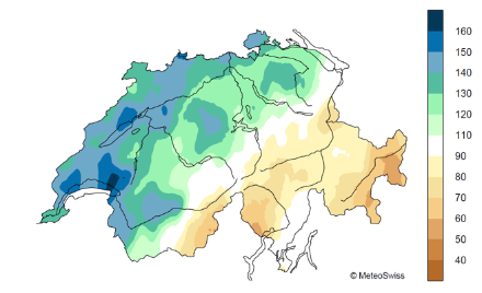 Karte der Schweiz mit den farbkodierten Niederschlagsmengen für Herbst 2025