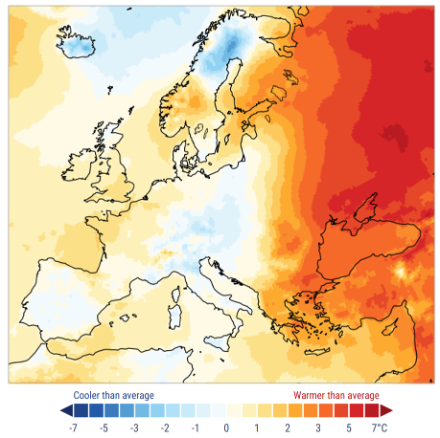 Europakarte mit den Abweichungen der Novembertemperatur von der Referenzperiode 1991-2020 in Farbe.