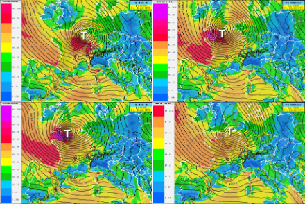 Die Position und Stärke des Sturmtiefs (schwarze Linien = Bodendruck) und das dazugehörige Windfeld (farbige Fläche = 3-stündige Böenspitzen in Knoten) am Freitagmorgen variieren zurzeit noch stark je nach Modelllauf. Links oben der aktuellste IFS-CTRL-Modelllauf vom 5.1.26 6 UTC, rechts unten jener vom 4.1.26 6 UTC.
