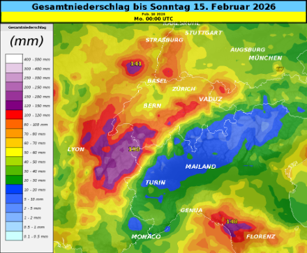 Gesamtniederschlagsmenge bis und mit Sonntag, 15. Februar 2026, gemäss dem europäischen Globalmodell IFS-CTRL. Für eine grobe Abschätzung der möglichen Neuschneemengen kann die Anzahl mm in der Grafik in cm Neuschnee umgerechnet werden: 1 mm Niederschlag entspricht grob 1 cm Neuschnee.