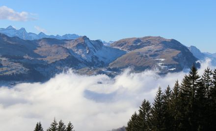 Blick von der Region Ibergeregg in die Stoosregion mit dem Fronalpstock. Im Hintergrund links der Uri Rotstock.