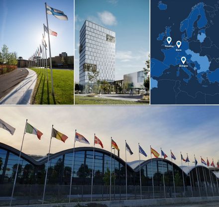Das EZMW ist an drei Standorten tätig (oben rechts). Das Gebäude des EZMW Hauptsitz’ - in Reading, Grossbritannien (oben links), das zukünftige Gebäude des 2021 in Betrieb genommenen EZMW Standorts Bonn, Deutschland (oben Mitte), sowie das seit 2022 in Betrieb genommene Rechenzentrum in Bologna, Italien (unten).
