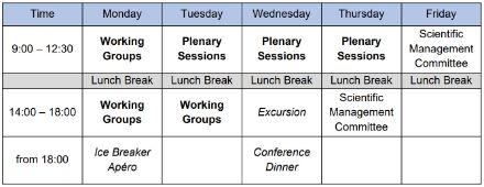 A conference schedule displayed in a table format, outlining sessions from Monday to Friday. It includes working groups, plenary sessions, a scientific management committee, an excursion, and social events like an ice breaker apéro and a conference dinner. The schedule is divided into morning, afternoon, and evening activities, with lunch breaks in between.