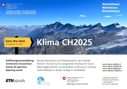 Save-the-Date für „Klima CH2025“ am 4. November 2025, ETH Zürich. Thema: Neueste Erkenntnisse zum Klimawandel in der Schweiz. Hintergrund: Gletscherlandschaft im Val Morteratsch.
