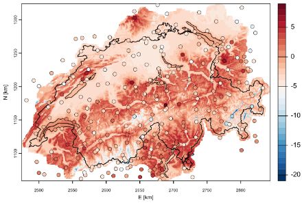 2m-Temperatur in der Schweiz während einer Stunde in einer Inversions-Lage (raum-zeitliche statistische Analyse).