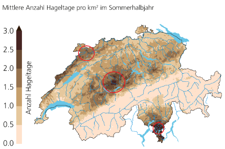 Eine Karte mit der Hagelhäufigkeit in der Schweiz und den ungefähren Standorten der 80 neuen Hagelsensoren.