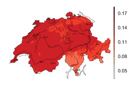Schweizer Karte, in verschiedenen Rottönen eingefärbt: dunkelrot im Nordwesten, weil hier die Temperatur etwas stärker anstieg; schwachrot im Tessin, weil hier der Anstieg geringer war.