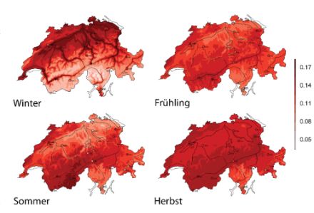 	Veränderung der Mitteltemperatur für die vier Jahreszeiten seit 1864 (in °C pro 10 Jahre).   	Für jede Jahreszeit wird eine Schweizer Karte gezeigt. Die Karten sind je nach Region schwach- bis dunkelrot eingefärbt, entsprechend dem Ausmass der Erwärmung.