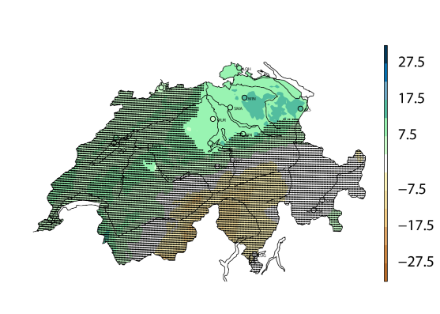  	Jahreskarte der Schweiz; die meisten Gebiete sind gepunktet, weil hier keine signifikante Veränderung des Jahresniederschlags zu beobachten war. Einzig das nordöstliche Mittelland ist grün eingefärbt, weil hier die Niederschlagsmenge signifikant zunahm.