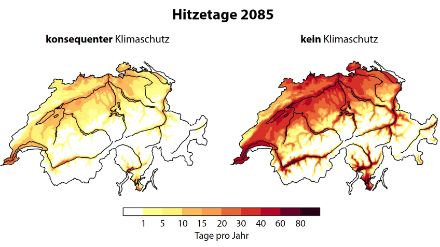 Zwei Schweizer Karten mit farbcodierten Angaben zur Entwicklung des Anzahl Hitzetage, falls Massnahmen gegen den Klimawandel ergriffen werden oder nicht.