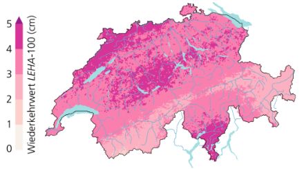 Die Abbildung zeigt eine Karte der Schweiz mit Wiederkehrwerten der Hagelkorngrössen LEHA. Im Tessin, im Napfgebiet sowie entlang des Jura werden Werte der Klasse 4-5 cm erreicht, in den Gebirgsregionen Graubündens und des Wallis 2-3 cm und in den übrigen Regionen verbreitet 3-4 cm.  