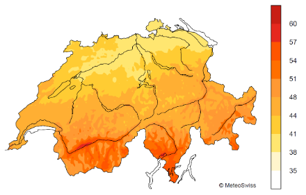 Karte der Schweiz mit farbcodierten Angaben zur relativen Sonnenscheindauer. Im Tessin und den Alpentälern werden 50% und mehr erreicht. Im nördlichen Mittelland scheint die Sonne zum Teil nur ein Drittel der möglichen Zeit.