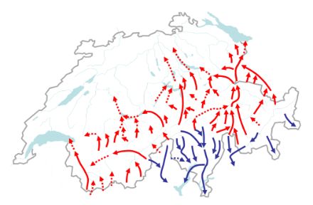 Karte der Schweiz mit den Föhntälern. Diese reichen vom Ober- und Unterwallis im Westen über das Hasli- und das Reusstal bis zum Rheintal im Osten.