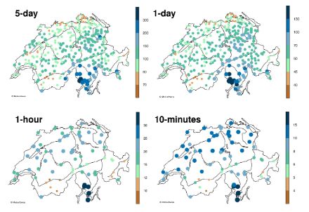  	Karte der Schweiz mit dem durchschnittlichen Jahresmaximalwert. Im Tessin wurden die höchsten und in den inneren Alpentälern die tiefsten Werte gemessen. Für die Dauer von einem oder mehreren Tagen entwickelt sich starker Niederschlag entlang der Alpennordseite. Die Topografie scheint für kürzere Dauern weniger relevant zu sein.